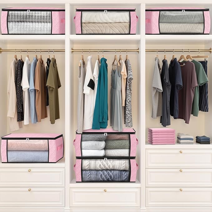 Fab totes 35L Closet Organizers and Storage, Foldable Under Bed Storage Containers, Storage bags for Organizing Bedroom, Closet, Clothing,Organization with Handle (6 Pack,Pink)