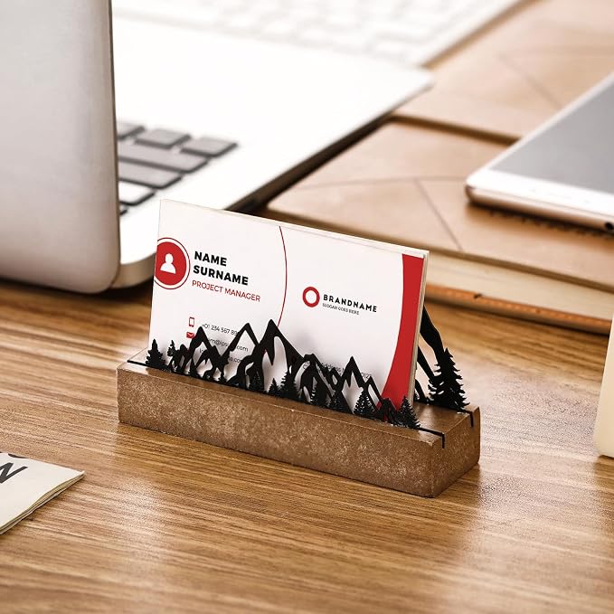 CroBlissful 2 Pcs Mountain Business Card Holders for Desk, Wood&Metal Black Mountain Range Forest Silhouette Business Card Display Stand for Home Office