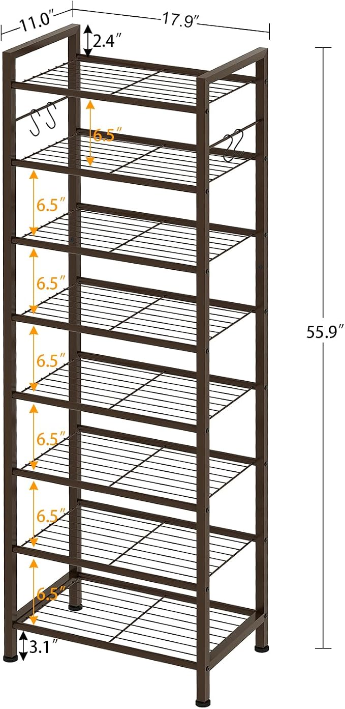 usikey 8 Tiers Narrow Shoe Rack 16-24 Pairs, Sturdy Metal Tall Shoe Rack with 4 Hooks, Slim Shoe Storage Organizer with Metal Shelf, Space Saving Vertical Shoe Shelf for Closet Entryway, Bronze