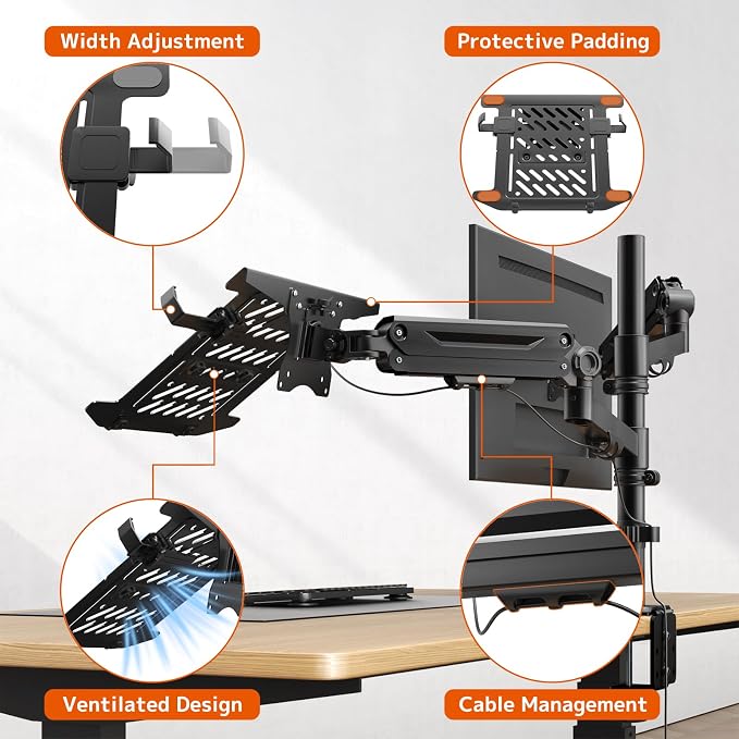 PUTORSEN Laptop Arm Mount for 17-35'' Monitors & 12-18'' Notebook | 19.8lbs per Arm, Laptop Monitor Mount with Adjustable Laptop Tray, C-clamp or Grommet Mount,VESA 75/100mm