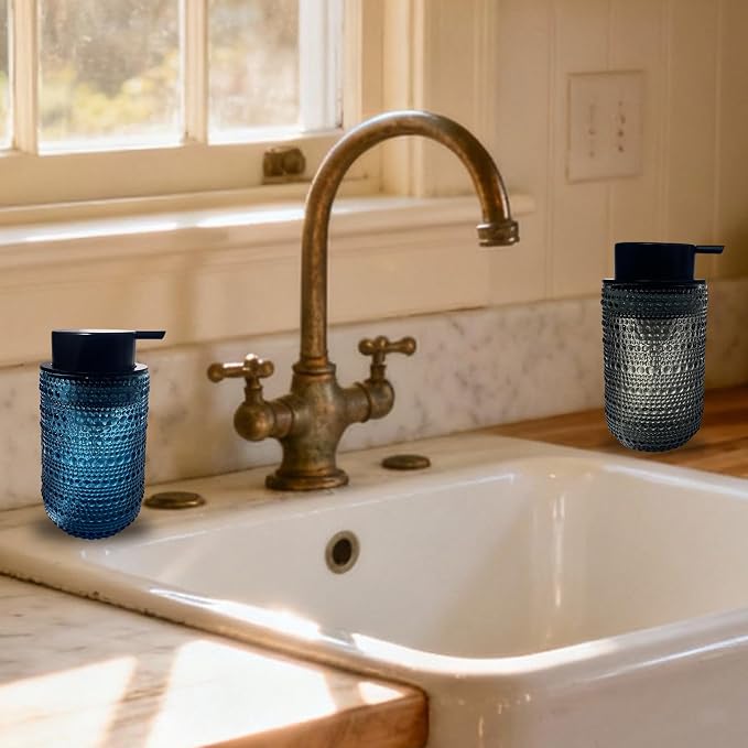Foaming Soap Dispenser, Refillable Clear Glass Pump Bottle, 13.5 Fl Oz Vintage Foam Dispenser with Black Pump, Multi-Use for Bathroom Kitchen Hand Soap & Lotion, Modern Home Decor (Blue)