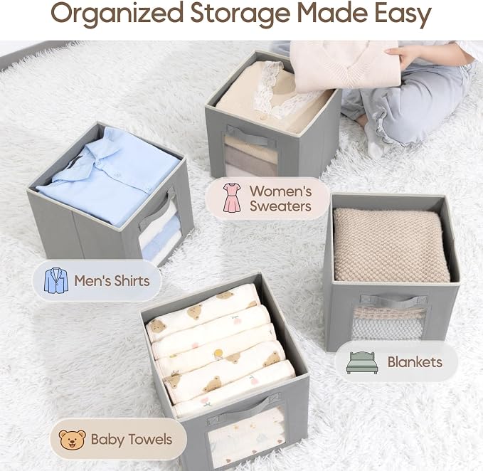 Homsorout Storage Cube 11 Inch - Cube Storage Bins with Window, Closet Storage Baskets with Handle, Fabric Bins for Closet, Shelves, Toys, Clothes, Set of 6, Grey