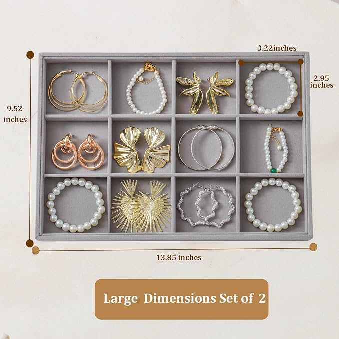 Large Stackable Jewelry Tray 4 Pack Velvet Jewelry Display Drawer Inserts Trays Organizer for Earring Bracelet Necklace Ring (Gray, 12 Grids)