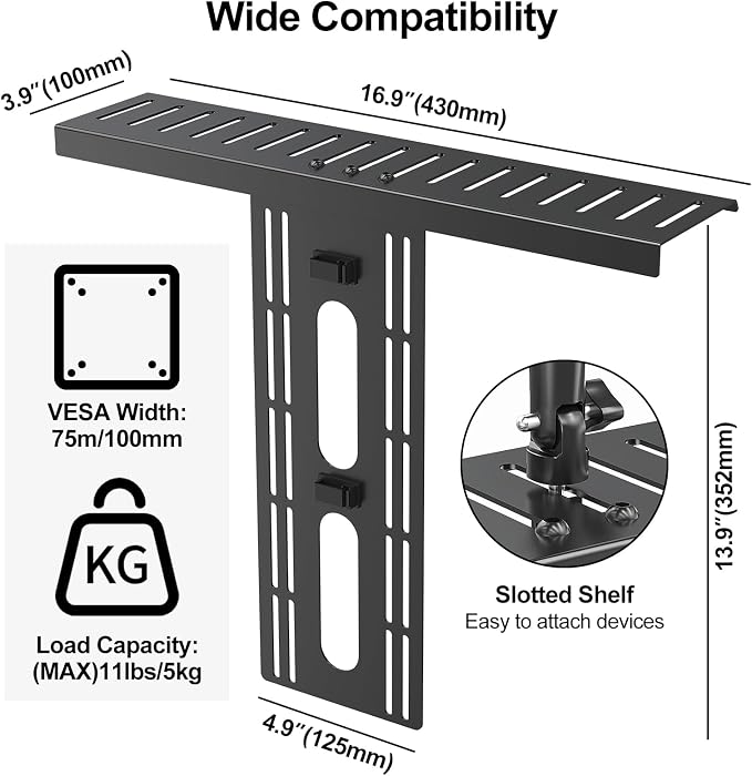 DSLR Monitor Mount Hold up to 11 lbs, Monitor Top Shelf for Livestream Device, Camera Mount, Webcams, Microphones, Lighting and More, Fits VESA Mount 75/100mm, Height Adjustable