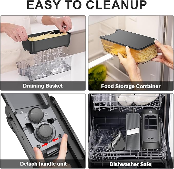 QYKIC Upgrade Safe Mandoline Slicer,Vegetable Chopper,Potato Slicer, Onion Chopper with Drain Basket Storage Container, Cheese Grater Kitchen Chopping Artifact (DeepBlack)
