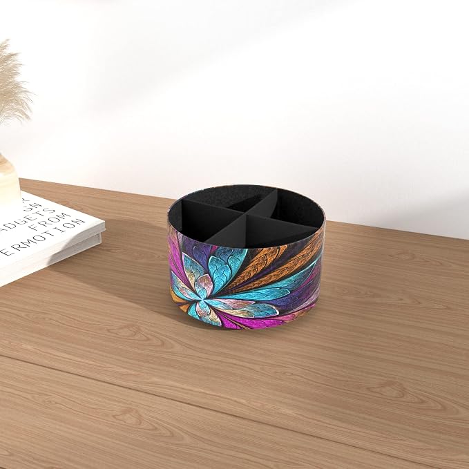 Round Leather Art Supply Organizer,Remote Control Holder,360 Degree Rotating,Multi-Functional Pencil Holder,4 Compartments Desktop Stationary Organizer(1-Fractal Flower) | Round