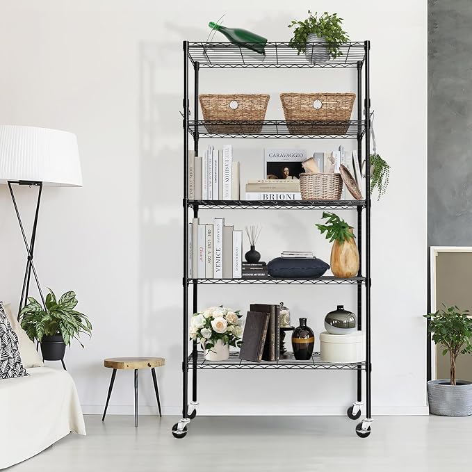 Storage Shelves 75"H Wire Shelving Unit with Wheels 1750LBS Heavy Duty Metal Shelves for Storage Adjustable 5-Tier Garage Storage Rack Kitchen Pantry Shelves Rolling Shelf on Casters, 14"D x36"W x75"H