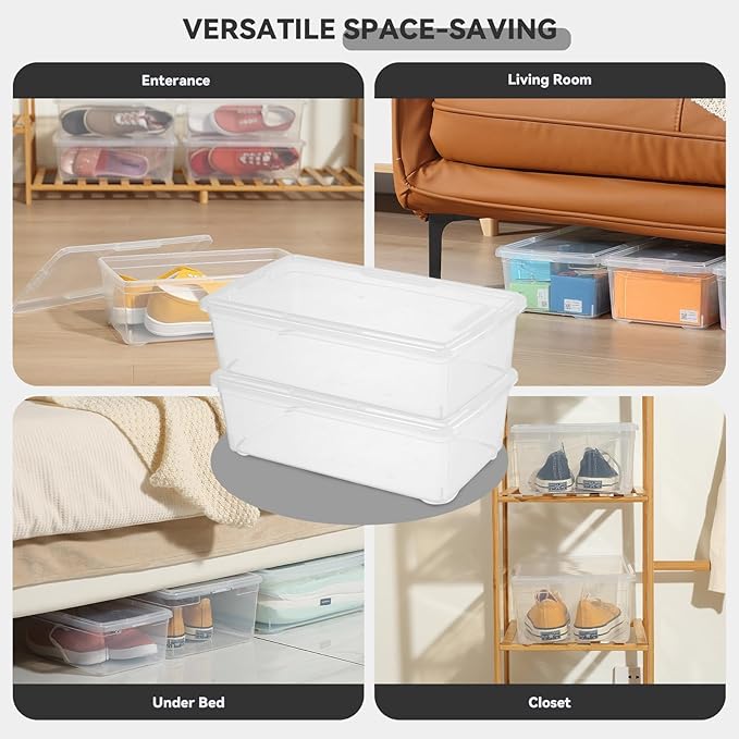 novelinks 8 Pack 6 Quart Clear Plastic Shoe Storage Bins with Lids (Clear) | Shoe Boxes Clear Plastic Stackable, Clear Shoe Storage Boxes, Shoe Containers, Shoe Bins, Craft Organizers and Storage