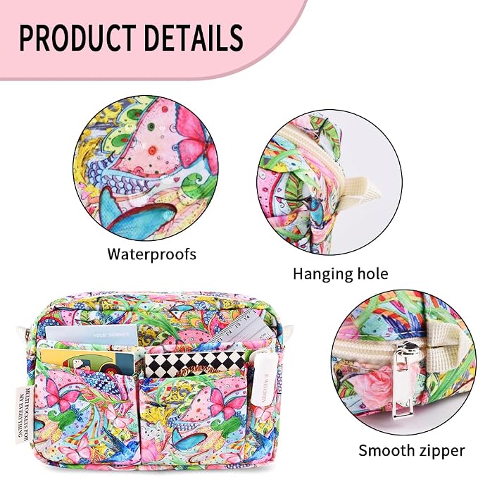 E-WEICHEN Multiple Pockets Portfolio Organizer with Zippered, Makeup Bag Travel Essentials for Women, Simple Waterproof Stationery Pencil Pouch Bag for Journal Office Art Supplies.Flowers and Birds