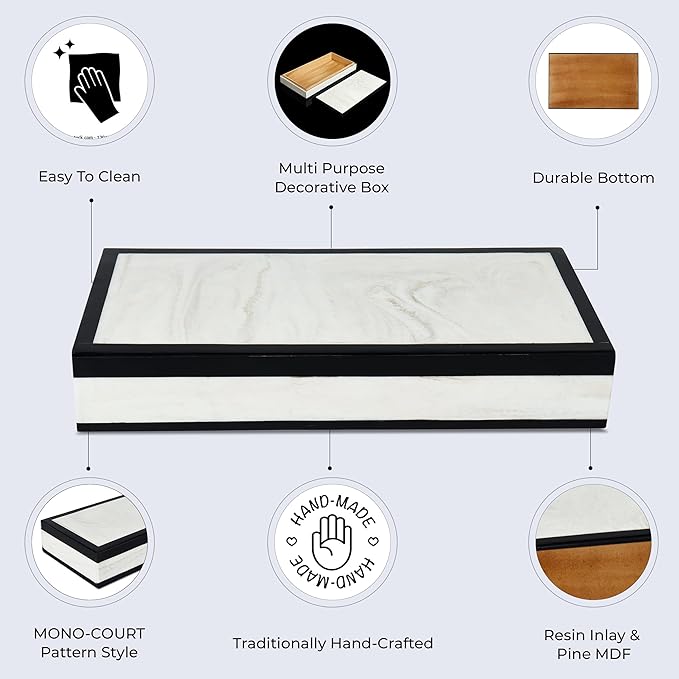 Handicrafts Home Large Decorative Storage Box with Lid – Black White Modern Storage Box, Remote Control Organizer for Coffee Table, Console & Living Room Decor – Mono Court 12 x 6 x 2