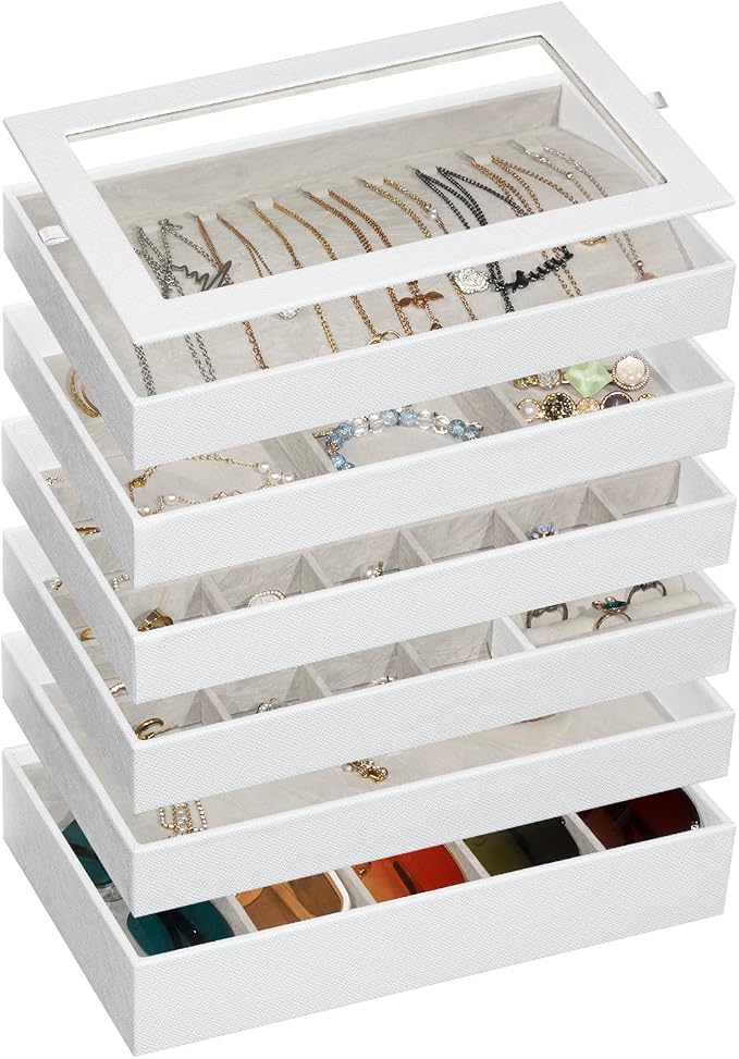 Stackable Jewelry Organizer Trays with Glass Lid,Jewelry Tray for Drawer Insert,Jewelry Display Case for Earring Necklace Ring Watch Bracelet,White PU Leather Gray Velvet Lining,6 Layers