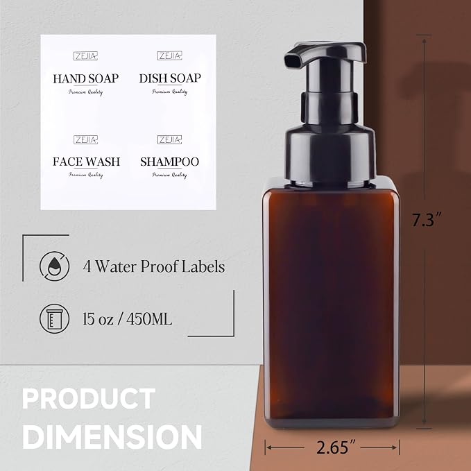 15OZ Foaming Soap Dispenser, 2-Pack Plastic Hand Soap Dispenser, Refillable Leakproof Foam Pump Bottle with Waterproof Labels, for Shampoo, Body Wash