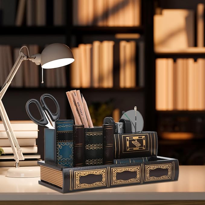 Decorative Pencil and Pen Holder with Storage Drawer, Wooden Desk Organizer Caddy, Antique Library Books Design Pen Cup for Office Supplies, Countertop, Desk,Table (Reddish brown)