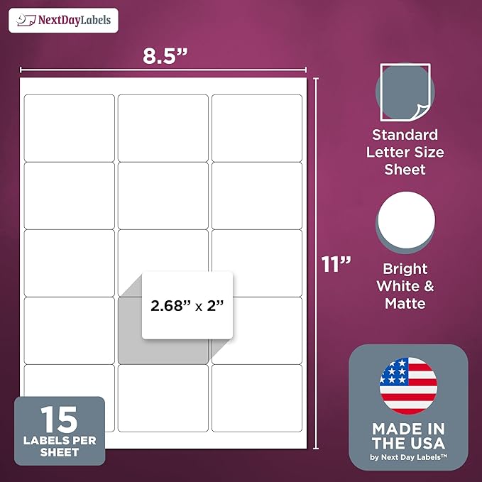 NextDayLabels 2.69x2 Inch Rectangle Stickers White Blank Labels for Laser Inkjet Printer - 15 Per Sheet Self-Adhesive Shipping Name Tags Product Made in USA - 750 Labels