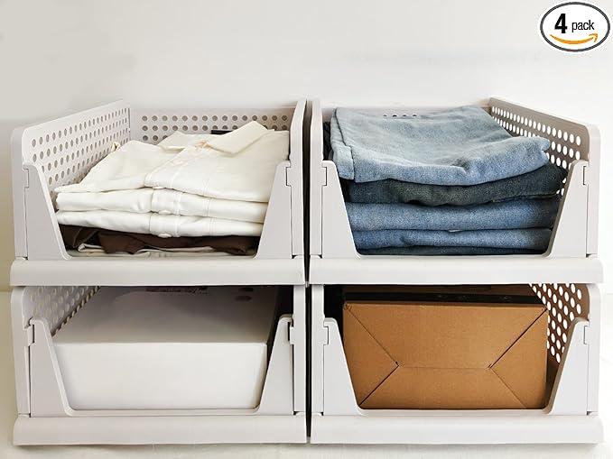 4 Pack Stackable Collapsible Closet Organizer - Sturdy PP Plastic Clothes Storage Bins, Easy to Assemble Space-Saving Organizers for Clothes, Coats, Towels, Toys, RV/Camper Small Spaces