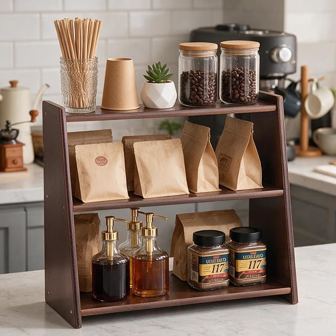 100% Solid Wood Coffee Station Organizer, Countertop Organizer | 3 Tier Spice Rack, Kitchen & Bathroom Counter Organizer, Water Proof Rustic Display Shelf for Mug, Makeup, Trinket, perfume
