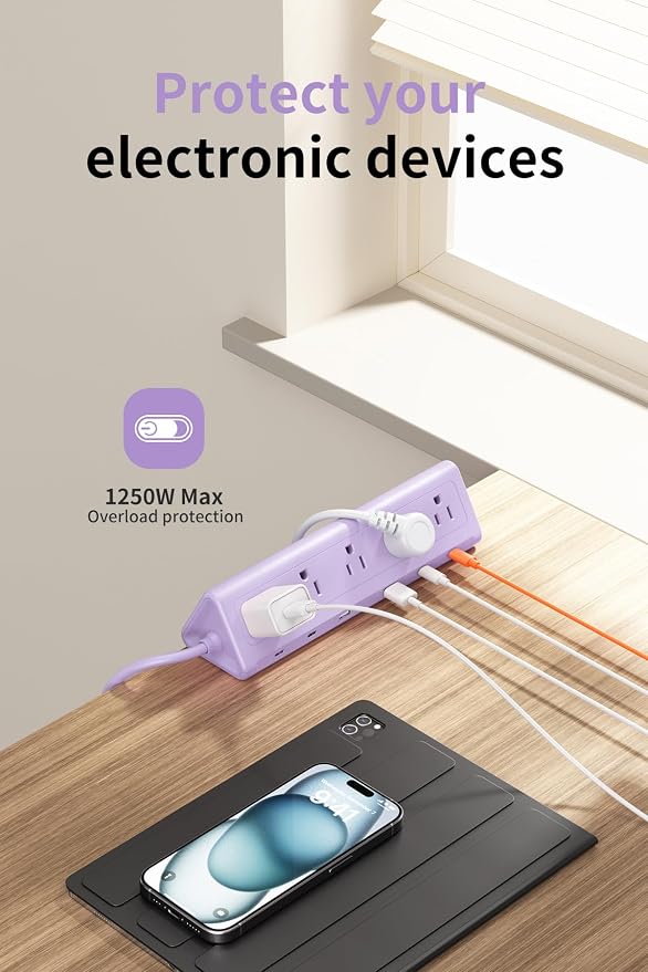 6.5 FT Desk Clamp Power Strip with 5 AC Outlets & 6 USB Ports PD 40W USB-C Fast Charging, Extension Cord with Multiple Outlets, Fits 2.1 in top Edge Purple