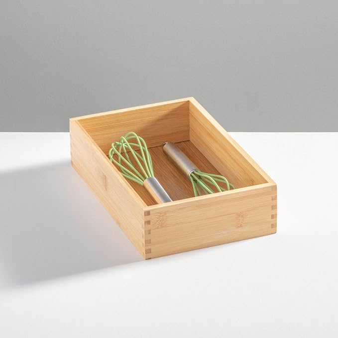 mDesign Bamboo Kitchen Cabinet Drawer Organizer Tray Bin - Eco-Friendly, Multipurpose - Use in Drawers, on Countertops, Shelves or in Pantry - 6.9 x 10.4-2 Pack - Natural Wood Finish