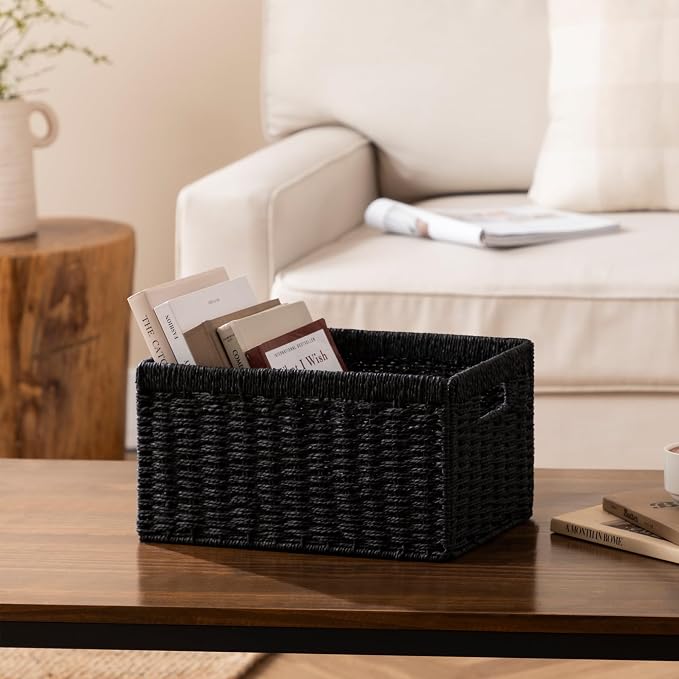 joybest Black Wicker Baskets for Shelves, 13.4L x 8.3W x 7.1H inch Hand-woven Storage Baskets for Pantry Organizing, Foldable Rectangular Bin with Handles, 4-pack
