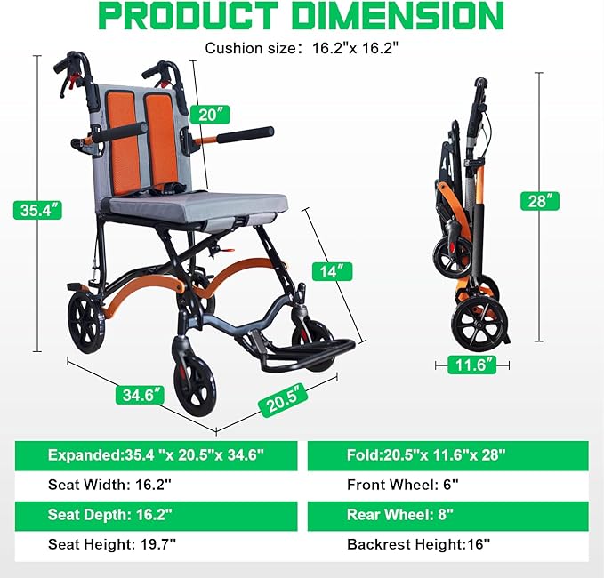 Ultra Lightweight Wheelchairs for Adults 19lbs - Foldable Transport Chair with Safety Belt, Storage Bag & 270° Flip Armrests, 220lbs Capacity, 16" Seat for Travel, Camping, Airplane (Orange)