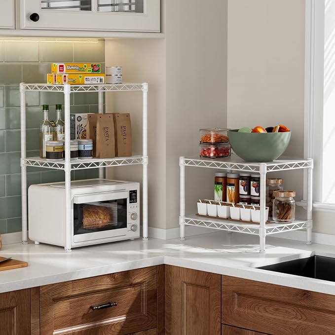 Golpart Small 2 Tier Shelves Storage Wire Shelving Unit Metal Shelf Gasket | 2 tier Shelving Adjustable Organizers Storage Shelving for Bathroom Laundry Room Kitchen Pantry 11.7”D x 17.7”W x 12”H White