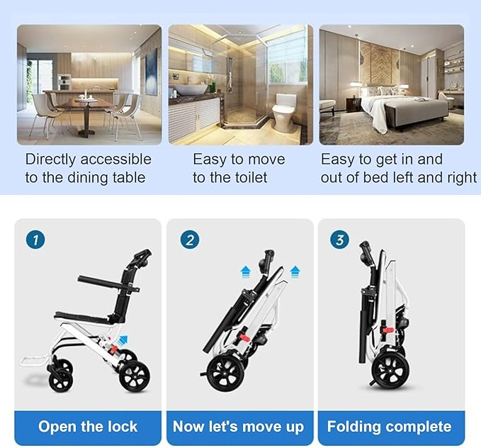 Lightweight Transport Wheelchair, Folding Transport Chair with 250Lbs Weight Capacity, Handbrakes & Footrest, Easy for Travel, Portable Wheelchair for Seniors Adults White