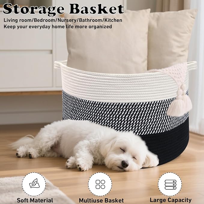 115L Extra Large Blanket Basket,Woven Rope Laundry Basket Hamper with Handles, Decorative Nursery Basket Storage Bin for Toys, Clothes Organizer, Living Room, Bedroom, Bathroom, Black