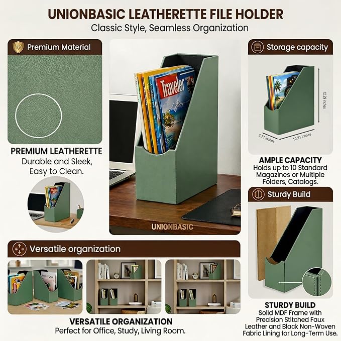UnionBasic Magazine File Holder, Leatherette Desktop Document Organizer, Home Office Paper Holder File Storage Literature Sorter, Malachite Green