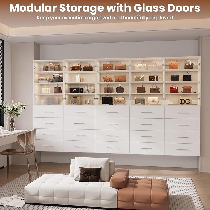 ROOMTEC 25.5" Shlef Tower Wardrobe Closet with Clear Glass Doors, Wall Mounted Modular Closet System, Clothes Storage Unit for Bedroom or Walk-in Closet, White