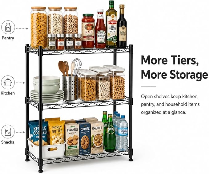 3 Tier Storage Shelves, Metal Wire Shelving Unit, Heavy Duty Adjustable Shelf Rack for Pantry, Kitchen, Garage and Laundry Room, Black