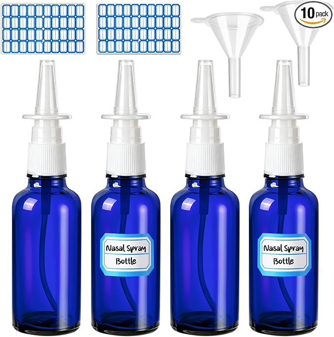 8 Pcs Nasal Spray Bottle, 50ML/1.76OZ 4Pcs Glass Empty Blue Nose Nasal Spray Bottles Refillable with 2 Funnels and 2 Labels