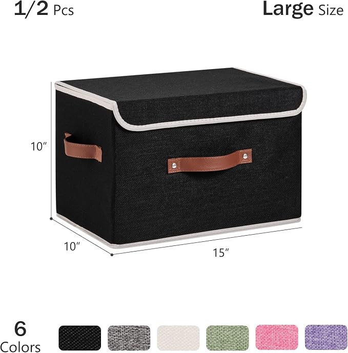 Storage Bins Box with Lids Decorative Cotton Linen Fabric Baskets Cubes with Handles PP Plastic Board Foldable Washable Lidded Clothing Shelf Closet Organizer Container (Black, Large)