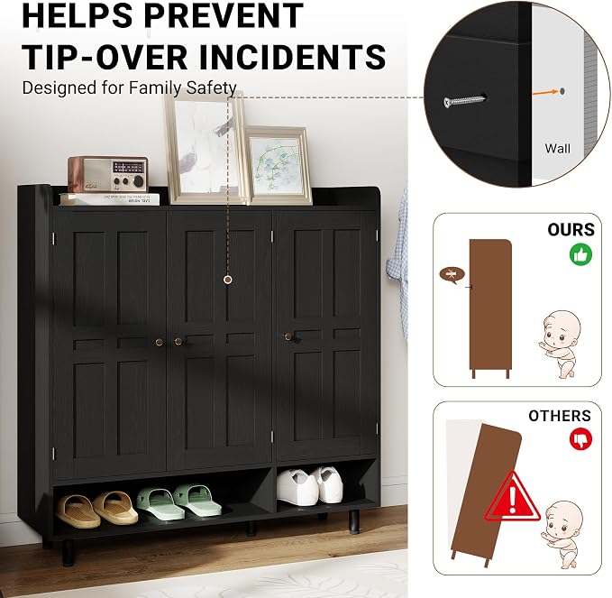 Shoe Cabinet with 3 Doors and Adjustable Shelves, Large Shoe Storage Cabinet for 24–30 Pairs, Modern Farmhouse Shoe Organizer with Open Bottom Shelf for Entryway, Living Room, Black