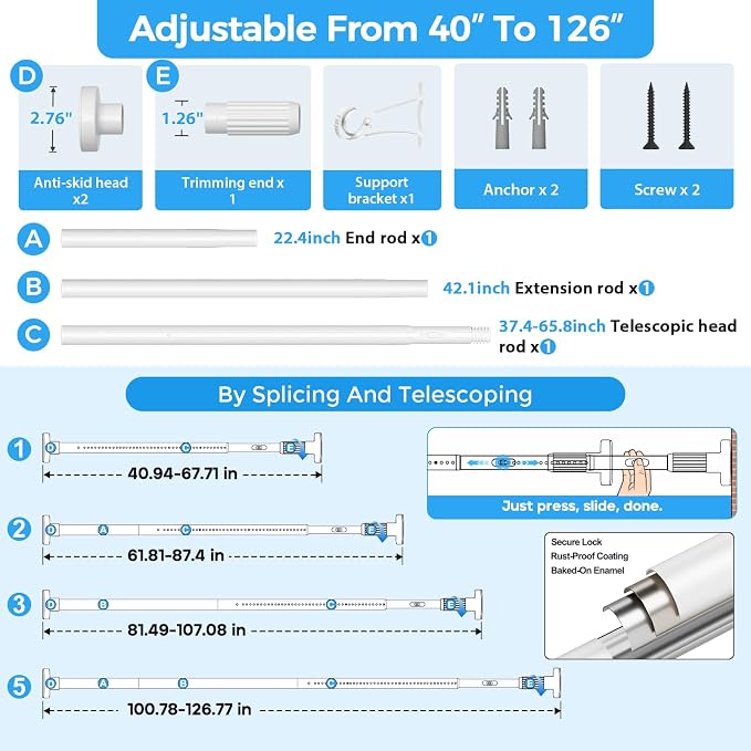 AIZESI 41-124 Inch Heavy Duty Tension Curtain Rod - No Drilling, Adjustable, Rust-Resistant for Outdoor, Living Room, Window, Bathroom (White, 41" to 124"|2PACK)