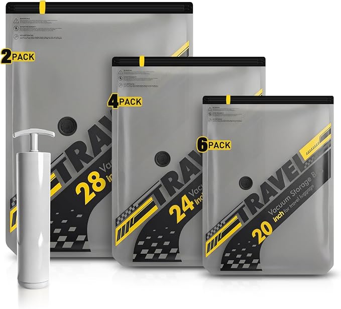 12 Pack Travel Vacuum Bags with Pump,Vacuum Seal Bags for Clothing Travel, Space Saver vacuum storage bags for Clothes, Blankets & Luggage Organization