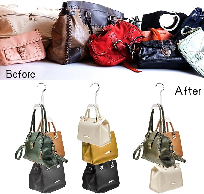 Lyellfe 3 Pack Purse Hanger for Closet, 360°Rotatable Handbag Tote Bag Hooks, Space Saving 4 in 1 Bag Hanging Organizer for Belt, Scarves, Hat, Keep Straps in Good Shape