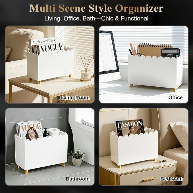 Acrylic Magazine Holder, Magazine Rack Floor,Sleek White Stylish Organizer with Luxe Gold Metal Feet and Wave Edge Design Space Saving Storage for Books Newspapers Office Supplies,Home Office(White)