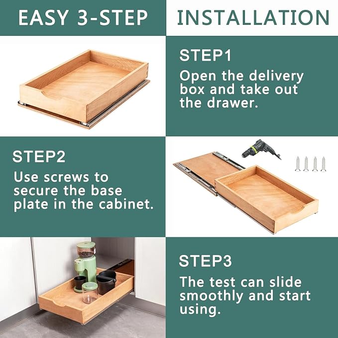 Pull Out Drawers for Kitchen Cabinets, Fully Assembled Wood Cabinet Pull Out Drawer, Pull Out Cabinet Organizer, Fast and Easy DIY Installation, 27”W x 21”D