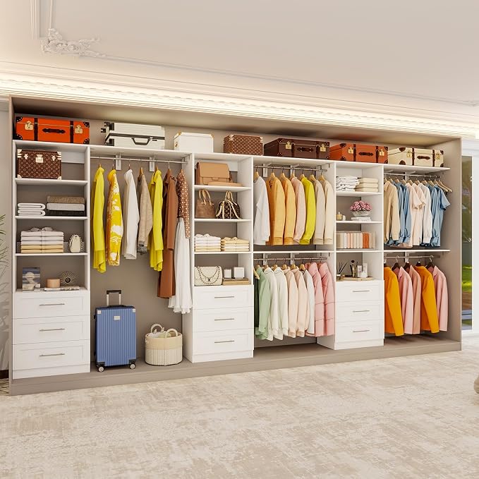 Closet System with 9 Drawers, 8FT-17FT Closet Organizer System Storage Storage Adjustable with 9 Cuttable Shelves for Walk in Closet with 9 Expandable Hanging Rods, 3 Sets , White