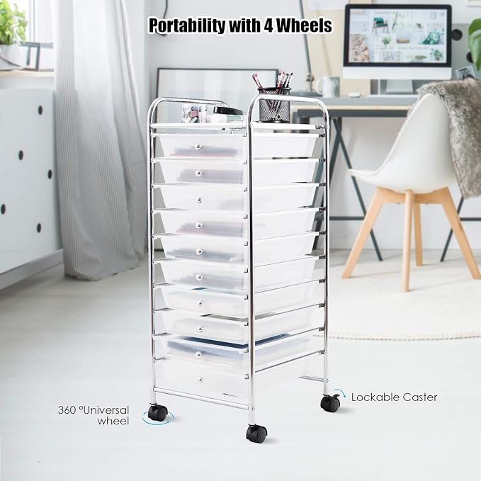 Happygrill 10-Drawer Storage Cart, Utility Cart with Removable Drawers & Metal Frame, Rolling Storage Cart with Lockable Wheels for Home, Office, Clear
