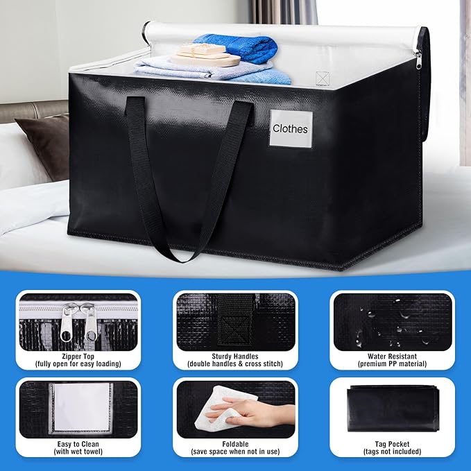 BlissTotes Moving Bags, Heavy Duty Moving Boxes with Zippers Top and Sturdy Handles, Storage Bags for Space Saving and Packing, Collapsible Moving Supplies, Storage Totes (76L, 6-Pack, Black)