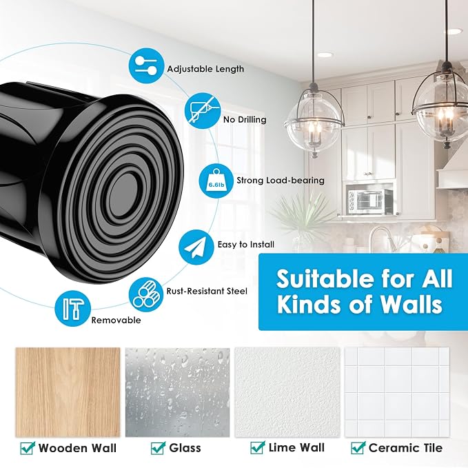 MEXAU 4pack Tension Curtain Rod 16.5 to 28 Inch，Black Spring Tension Rods Curtain Rods Adjustable Spring Rod Extendable Tension Rod for Kitchen