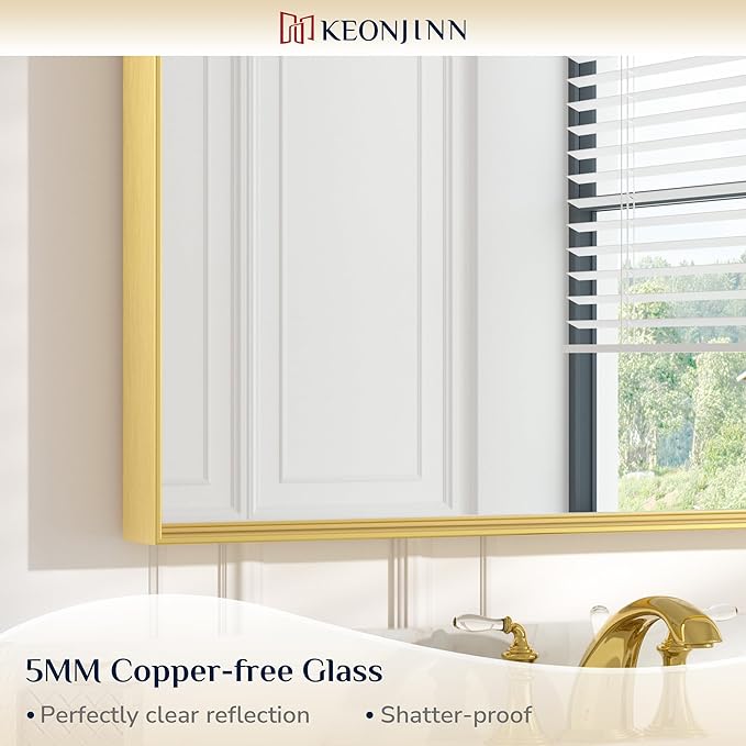 Keonjinn Brushed Gold Bathroom Mirror 42 x 36 Inch Metal Frame Rectangular Large Wall Mirror for Bathroom Sink Gold Vanity Mirror for Over Sink Aluminum Alloy Rectangle Mirror(Horizontal/Vertical)