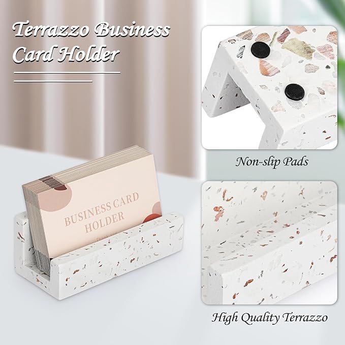 Hipiwe Business Card Holder for Desk Terrazzo Business Card Display Stand | Desktop Cards Display Stand for Women Men Concrete Business Card Stand Organizer for Office