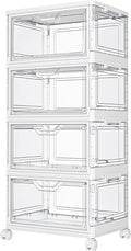 Kmiectse Clear Storage Bins with Lids,4 Tier Plastic Bins with Wheels,Stackable Storage Bin,Closet Organizers Box for Bedroom,Living Room,Toy,23 QT Folding Box with Magnetic door