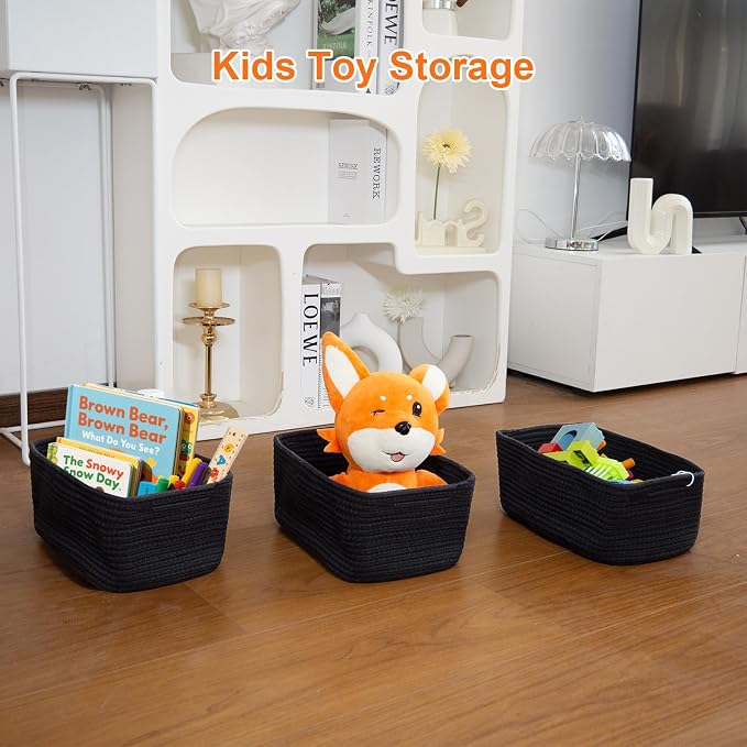 Small Storage Baskets for Organizing, Woven Storage Bins for Shelves, Gift Basket Empty, Baby Rope Basket, Dog Toy Storage, Decorative Closet Organizer, 11x7.5x4.5”, 3Packs Black
