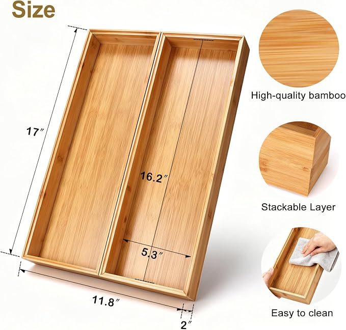 Kitchen Bamboo Drawer Organizer Set of 2, Large Wide Stackable Drawer Organizer for Silverware, Utensils, Cutlery, Flatware, Junk Drawer, Dresser, Bathroom, 17" x 6" x 2"