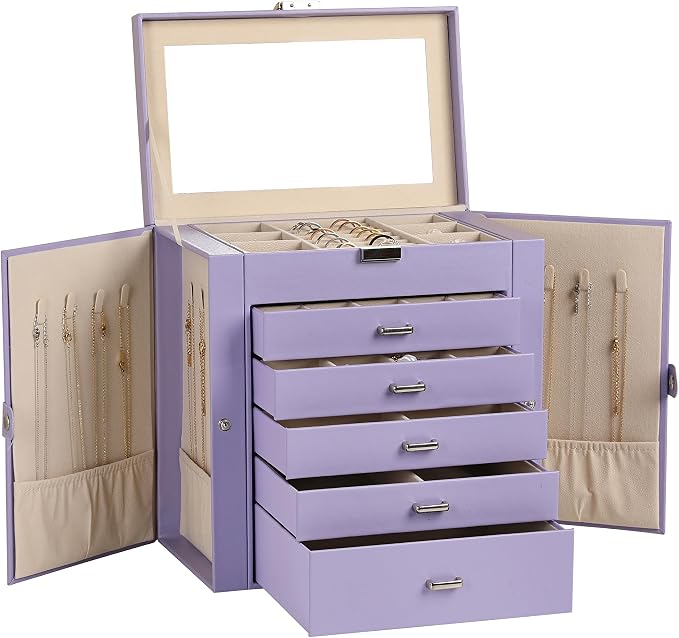 Frebeauty 6-Layer Jewelry Box for Women,Large Jewelry Organizer with Drawer | Faux Leather,Built-in Mirror,Spacious Jewelry Storage,16 Necklace Hooks,Organizing by Category for Rings Earrings Bracelet