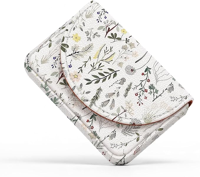 Business Card Holder，PU Leather Business Card Case Wallet White Floral3 | Pocket Travel Name Card Case for Men and Women Gift，Portable Magnetic Business Card Carrier for Purse