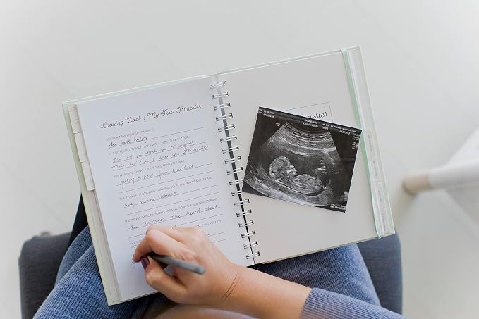 Pearhead My Pregnancy Journal, Guided Pregnancy Memory Book with Sonogram Photo Insert, Trimester Milestone Tracker & Keepsake for Expecting Moms, Baby Shower Gift, Sage Green Leaf